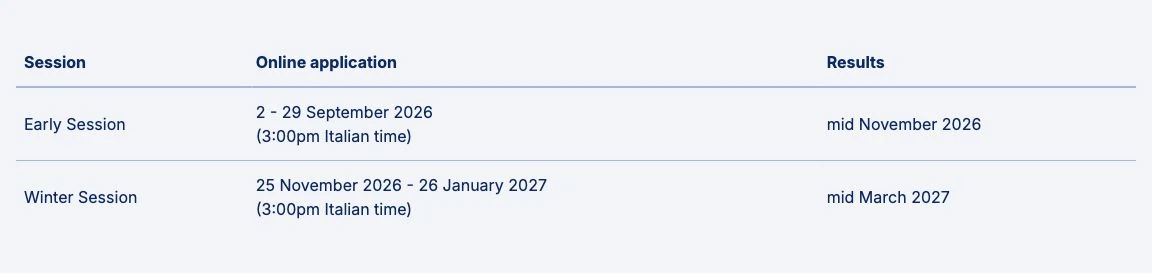 Oficjalna tabela Bocconi: Early od 2 do 29 września 2026, Winter od 25 listopada 2026 do 26 stycznia 2027, oba terminy do 15:00 czasu włoskiego.