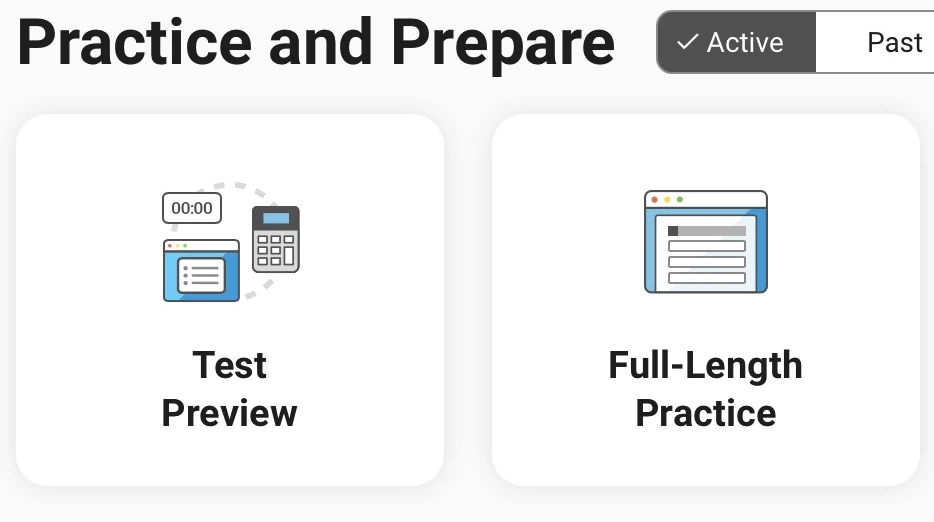 Dwie opcje w prawdziwym Bluebooku: Test Preview i Full-Length Practice.