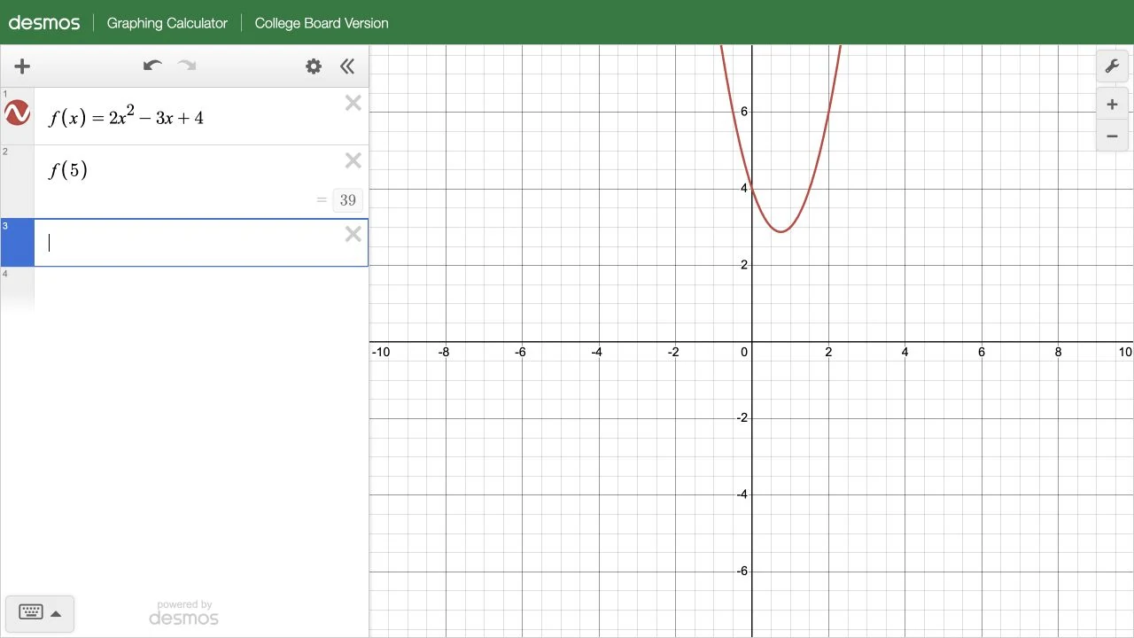 Definicja f(x)=2x²-3x+4 i wynik f(5)=39 w rzeczywistym Desmosie.
