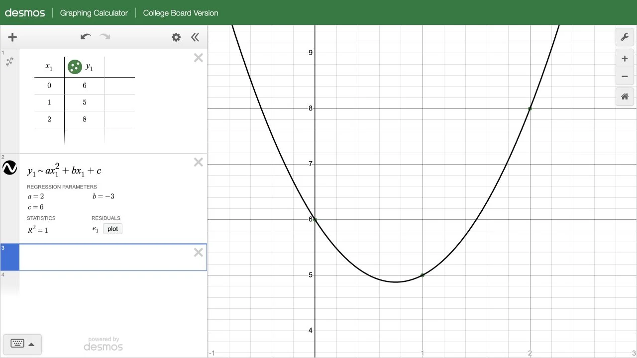 Regresja kwadratowa dla trzech punktów i parametry a=2,b=-3,c=6.