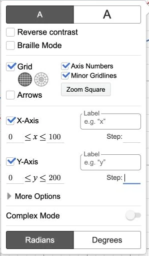 Rzeczywisty panel Graph Settings z zakresami x od 0 do 100 i y od 0 do 200 oraz przełącznikiem jednostek kątowych.