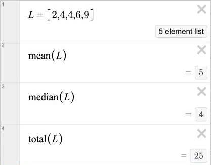 Fragment listy wyrażeń z listą 2,4,4,6,9, średnią 5, medianą 4 i sumą 25.