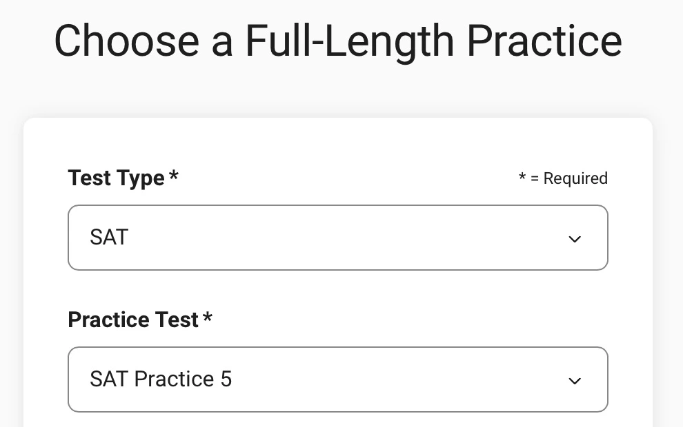 Rzeczywisty ekran Bluebook: wybór pełnego testu próbnego, SAT Practice 5.