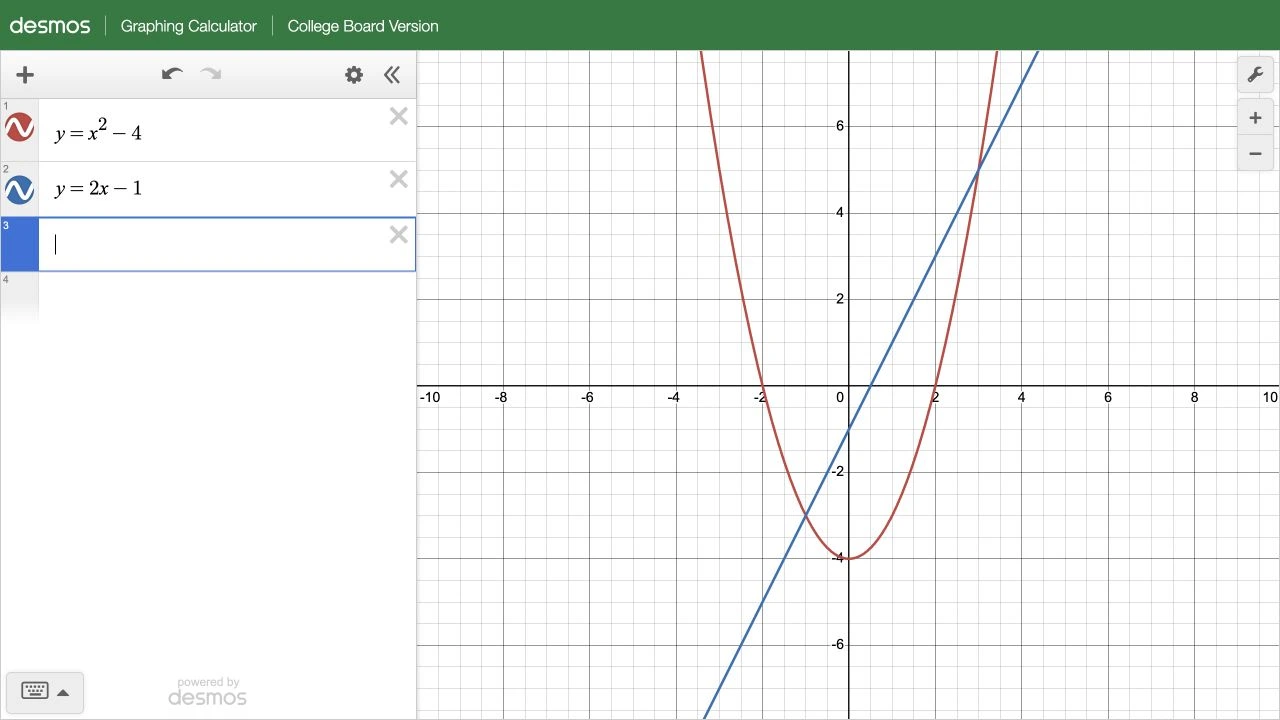 Desmos w wersji College Board: wykresy y = x² − 4 i y = 2x − 1, z dwoma punktami przecięcia.
