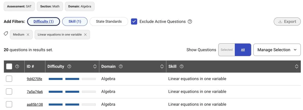 Filtry Medium i Linear equations in one variable oraz zaznaczone Exclude Active Questions.