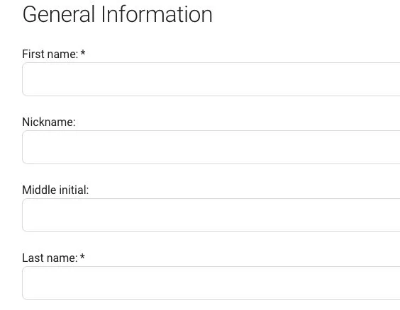 Oryginalne puste pola First name, Nickname, Middle initial i Last name w College Board.
