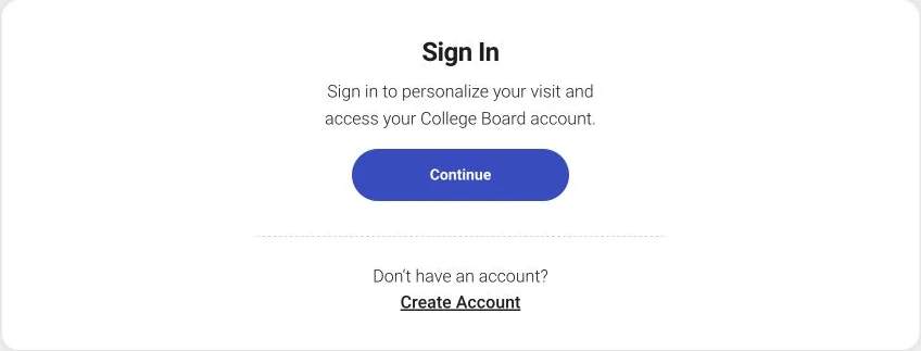 Publiczny ekran My SAT z przyciskiem Continue i odnośnikiem Create Account.